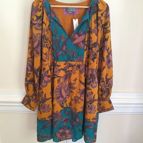 NWT Anthropologie Romantic Silk Tunic Floral Long Sleeve Boho Dress Medium - Picture 2 of 9